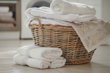 A wicker laundry basket filled with stacked towels of various sizes, creating a cozy and inviting scene