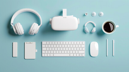 Minimalist Tech Workspace with Modern Gadgets and Coffee on Pastel Background