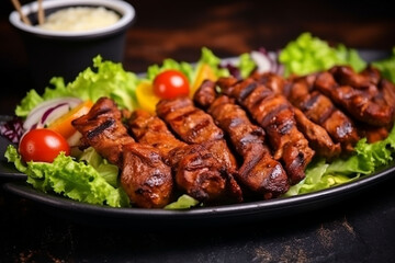 Delicious bbq grilling on kitchen. food festival tasty food roasting on skewers, food court. AI