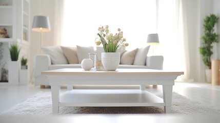 Interior of modern living room with white sofa, coffee table and plant
