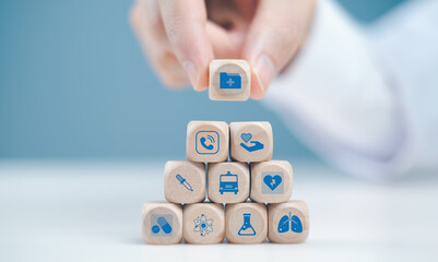 Medical wooden icon block Health insurance Concept Service beyond expectations healthcare for hospital family service happy patient research treatment clinic diagnosis professional analysis diagnosis