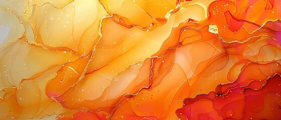 Alcoholic ink fosters an abstract, vivid backdrop with a harmonious interplay of orange and golden acrylic paint variance of alcoholic ink and space, Generative AI. - obrazy, fototapety, plakaty