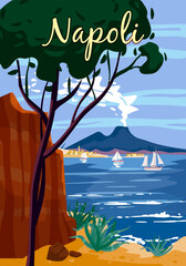 Naples Retro Poster Italia. Mediterranean sea, smoke volcano Vesuvius, coast, rock. Vector illustration postcard