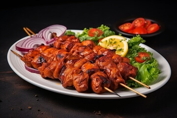 Delicious bbq on white dish food festival tasty food roasting on skewers, food court. AI