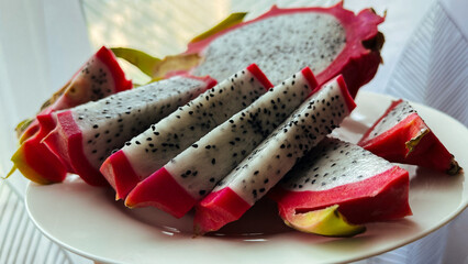 pitahaya or dragon fruit in cross section.