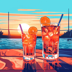 Two Iced Cocktails Against a Sunset Over the Ocean - 781391867
