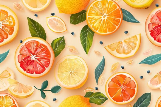Simple, ripe citrus fruits, a mix of whole and sliced, are put together in a seamless pattern over a dark orangy backdrop and space, Generative AI.