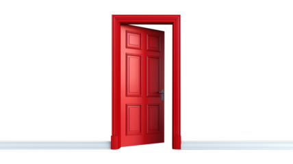 Modern red open door isolated on transparent background. Interior design concept.