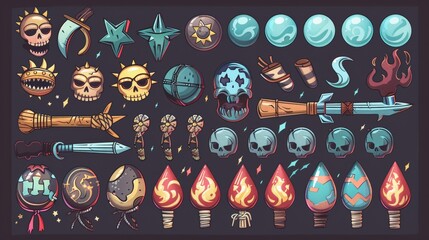 Game icons with bombs with fuse props. Explosive military weapons with skulls, dollar signs, lightnings, stripes, and stars. Cartoon metal balls 3D modern set. - obrazy, fototapety, plakaty