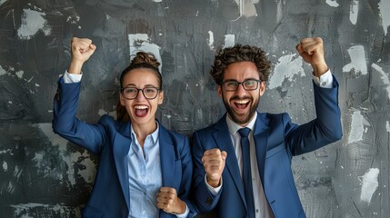 Man and woman in blue business suits rejoice at success