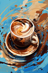 Artistic Coffee Cup with Dynamic Blue and Orange Swirls on Abstract Background - 781392489