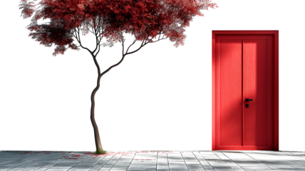 Red door and spring blooming tree on transparent background. Festive spring decoration