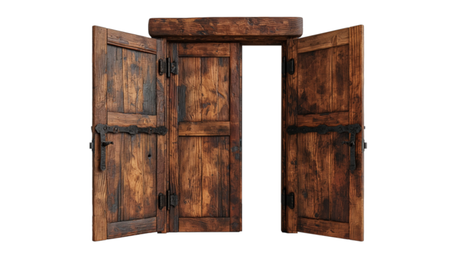 Old wooden door isolated on transparent background. Interior design concept.