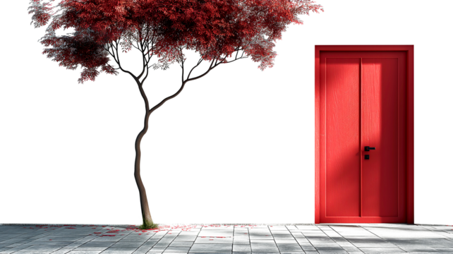 Red door and spring blooming tree on transparent background. Festive spring decoration