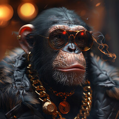 A stylish chimpanzee with sunglasses and gold jewelry