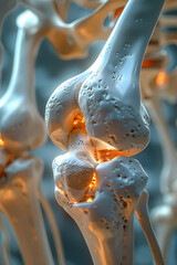 Close-up of a glowing synthetic knee joint in a human skeleton