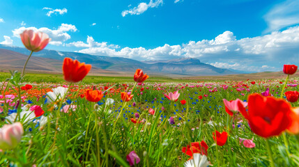 Field of wildflowers with a mountain backdrop under blue skies, spring bloom.