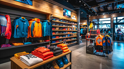Modern sportswear store interior with organized displays of vibrant athletic clothing and accessories.