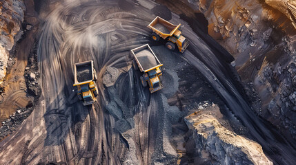 Aerial drone top-down bird's eye view shot, open pit cobalt mine with dump trucks on sunny day, bright, natural light