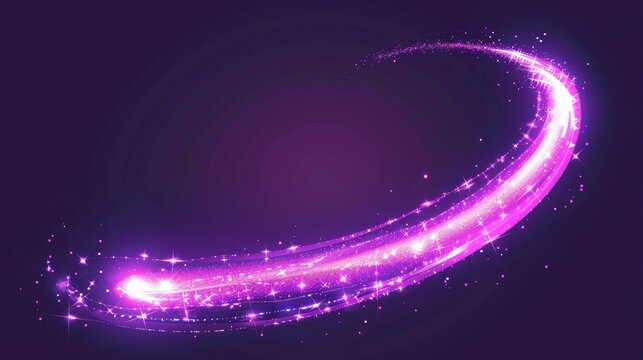 Realistic 3D modern illustration with light effect curve bright twinkle line with hearts. Magic glow with star dust and sparkles. Wave of purple saturation with sparks.