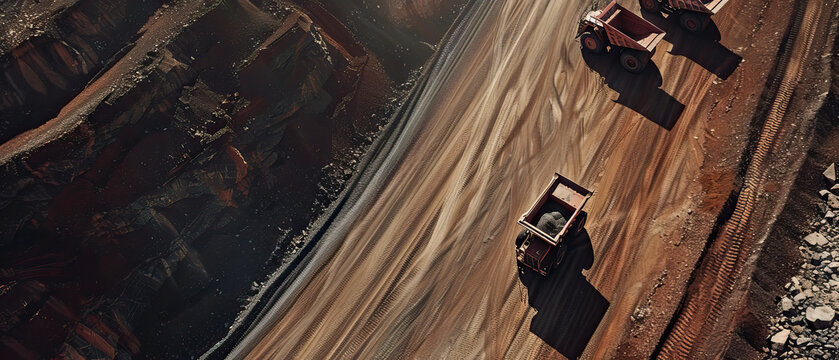 Aerial drone top-down bird's eye view shot, open pit cobalt mine with dump trucks on sunny day, bright, natural light