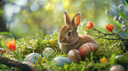 Fototapeta na wymiar Easter bunny looking for colored eggs 