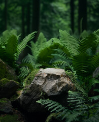 Dark forest natural product display. Product photography or mockup background. Mossy stone surrounded with fern leaves for cosmetics photography background. Dark forest mockup with moss and stones