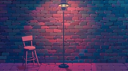 A stand-up stage with a microphone and stool, intended for comedy shows, music contests, karaoke shows and competitions. Modern cartoon illustration with an empty scene with a microphone, a chair,