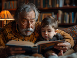 Senior man reading book to young child in home library