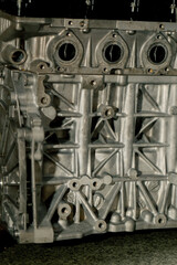 close up The crankshaft set of pistons close-up on desktop of an auto mechanic Spare parts of the...