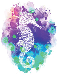 Colofful seahorse, decorative geometric vector illustration over watercolor background isolated on white