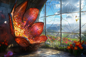 Create an abstract representation of a chair crafted with intricate lily petals, situated within a futuristic cabin with panoramic views of a tranquil, flower-filled landscape 