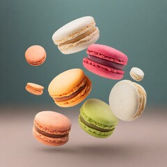 Various colorful of macarons floating on the air