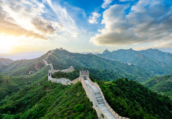 The Great Wall of China at sunset. Famous travel destinations in China.