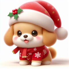 cute puppy wearing Christmas Santa Claus hat, kawaii