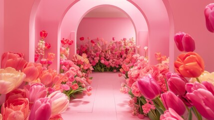 Pink Arched Cardboard Panel Flower Backdrop, Radiant Light, AI Created