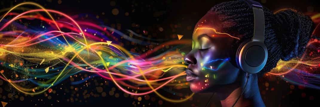 A woman wearing headphones is surrounded by colorful sparks by AI generated image