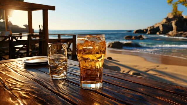 Delicious refreshing cold iced tea in a glass on a table at a beach bar