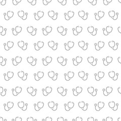 Seamless pattern with stethoscope. Black, white vector illustration.