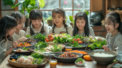 Children are happy to have a meal together.