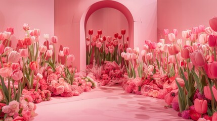 Pink Arched Cardboard Panel Flower Backdrop, Radiant Light, AI Created