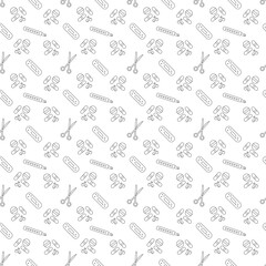 Seamless pattern with patch, thermometer, pills and scissors. Black, white vector illustration.