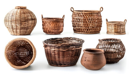 Set of stylish rattan baskets on white background