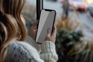 Digital mockup over a shoulder of a woman holding an smartphone with a fully grey screen
