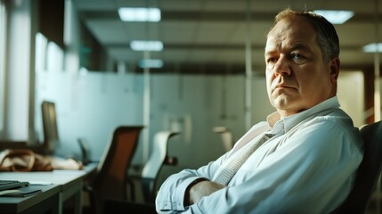 Obraz premium Solemn businessman alone in office at night, contemplative mood.