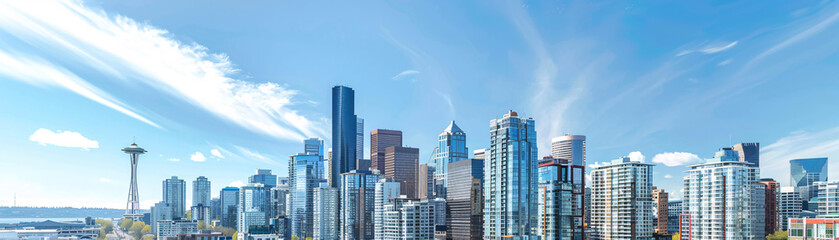 Fototapeta na wymiar Sustainable Green Building Redefining City Skyline: Modern Aesthetics Tower Tall against Clear Blue Sky