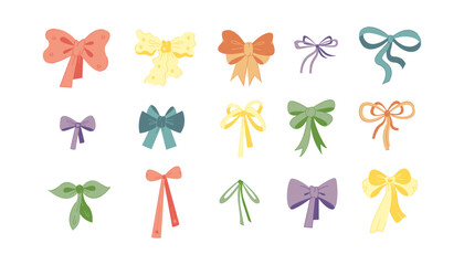 Set of 15 different doodle bows for hair. Color vector illustration.