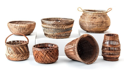 Set of stylish rattan baskets on white background