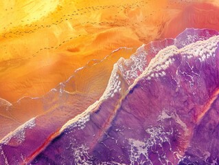 Aerial photography concept of a beach with violet sands under a golden yellow sunset