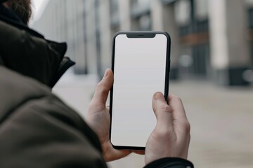 App preview over shoulder of a man holding an smartphone with a fully grey screen
